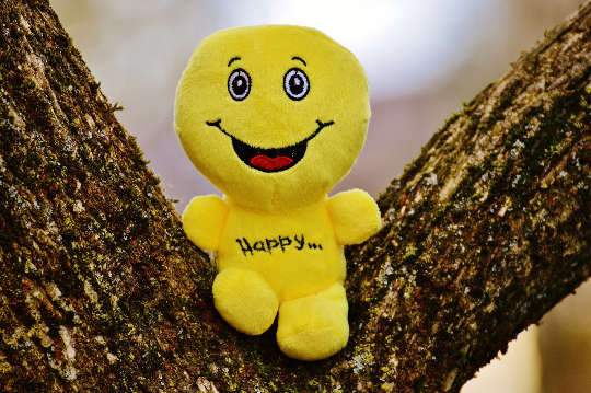 Practices for Turning Potential into Potency a bright yellow plush toy with a huge smile and the word happy written on its body